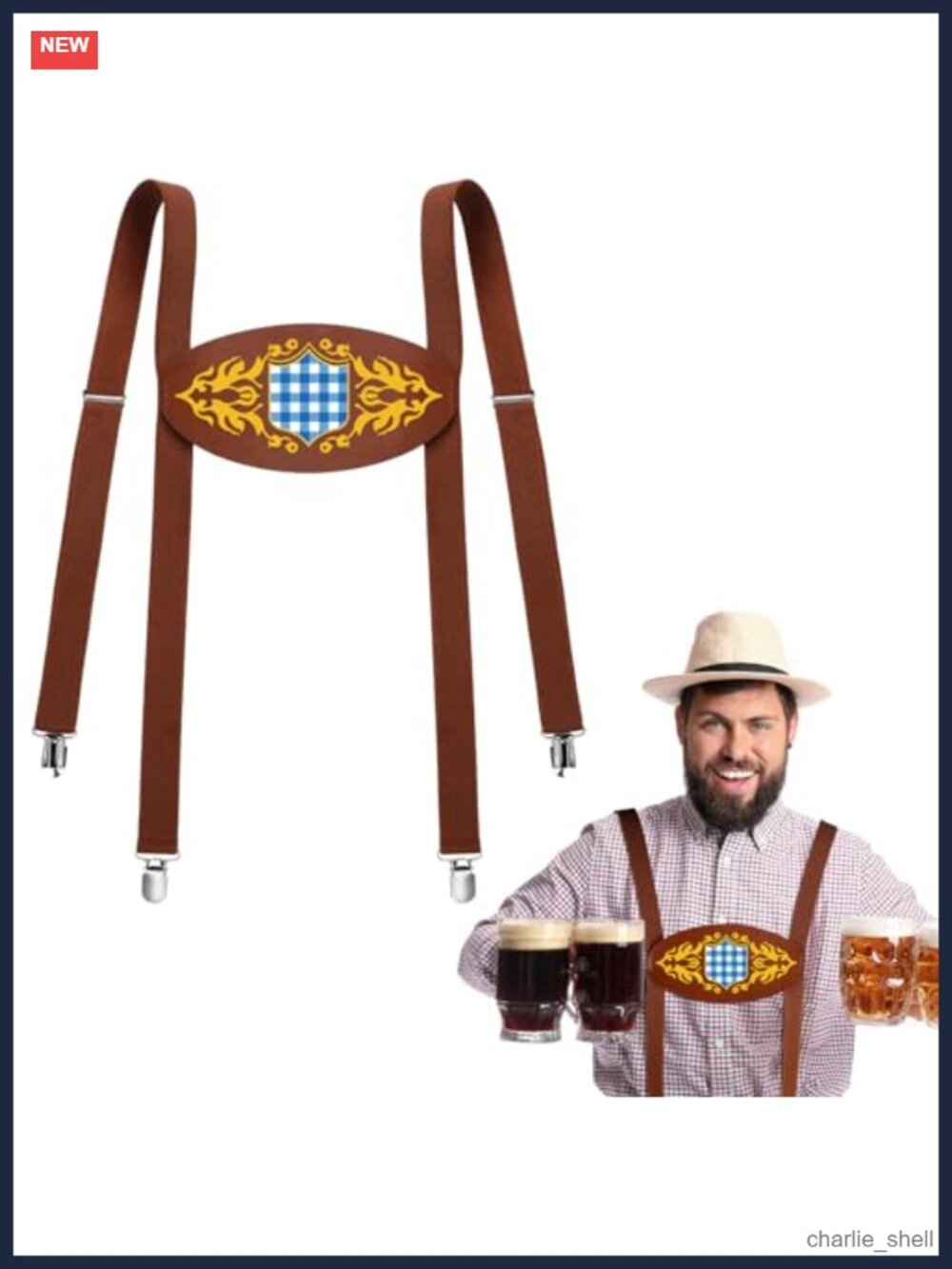 Men's Leather Suspenders Bavarian Oktoberfest Adjustable Clip